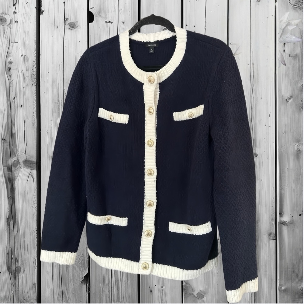 TALBOTS Boucle dipped sweater cardigan button down navy blue, white - Picture 8 of 11